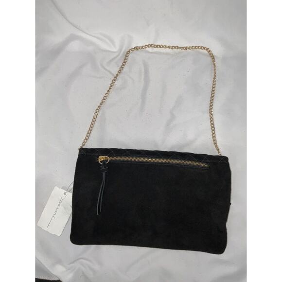 NWT MARMI BLACK SUEDE QUILTED FOLD OVER PURSE HANDBAG CLUTCH GOLD CHAIN - Picture 7 of 12
